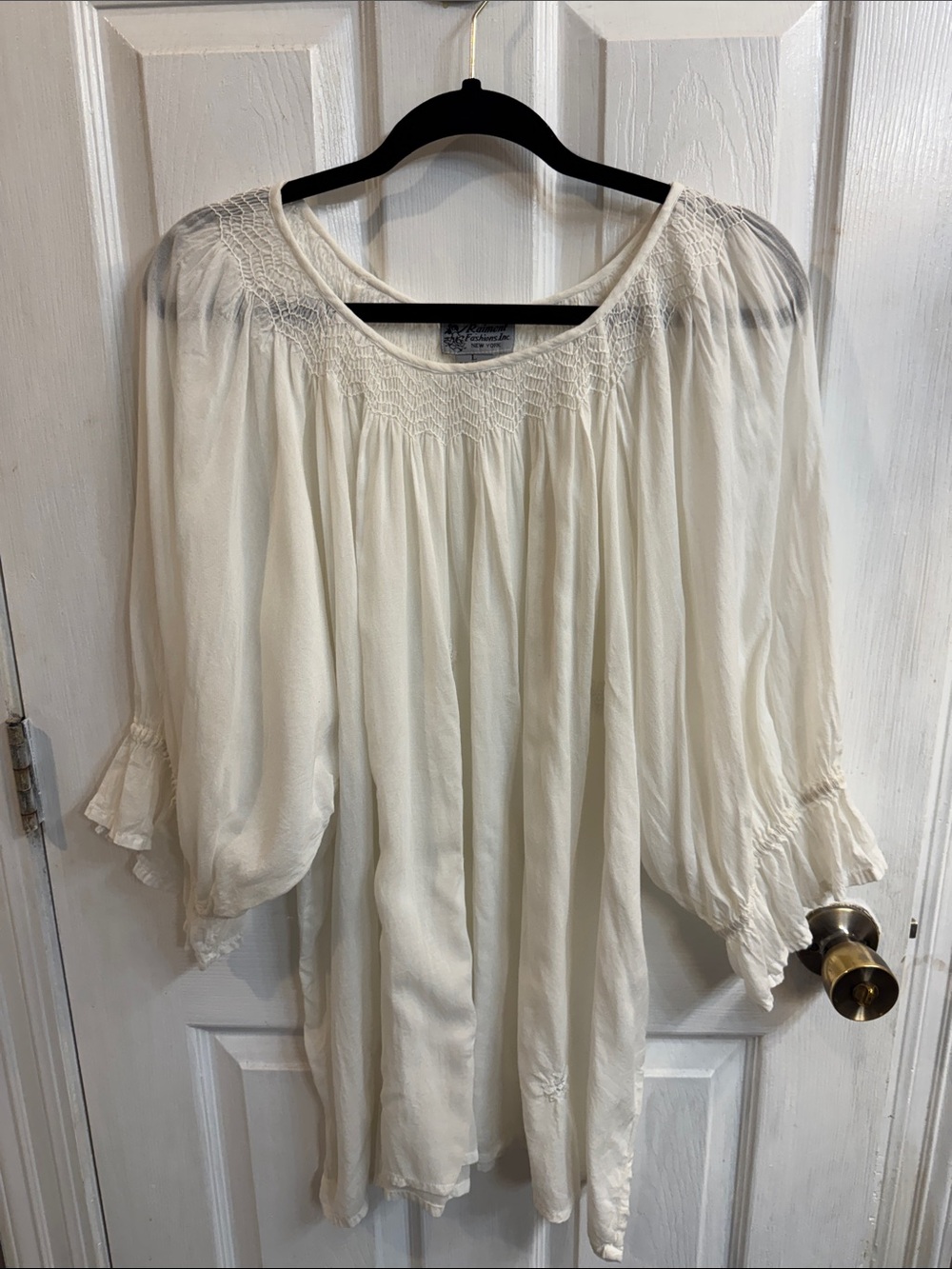 Vintage Peasant Blouse - Cream Long Sleeve Smocked Yoke- great for pictures!!!!